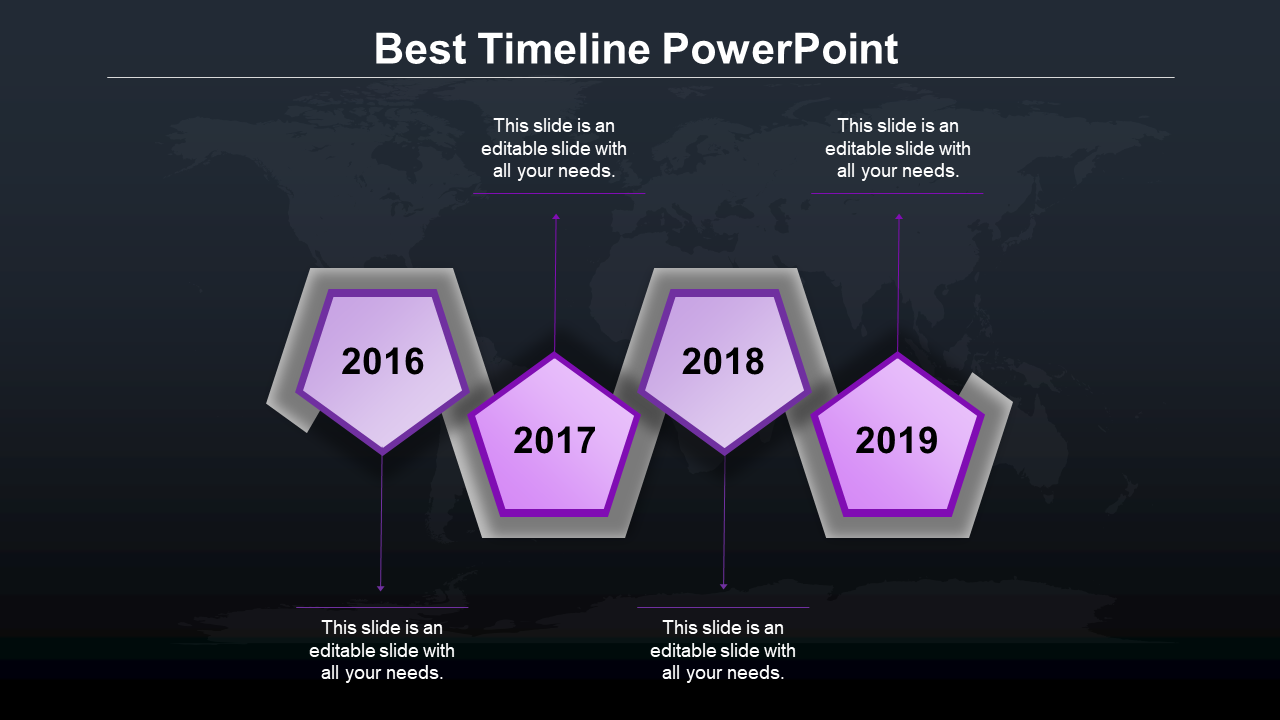 Dark themed timeline slide featuring purple pentagon shapes marking years 2016 to 2019 with text descriptions.