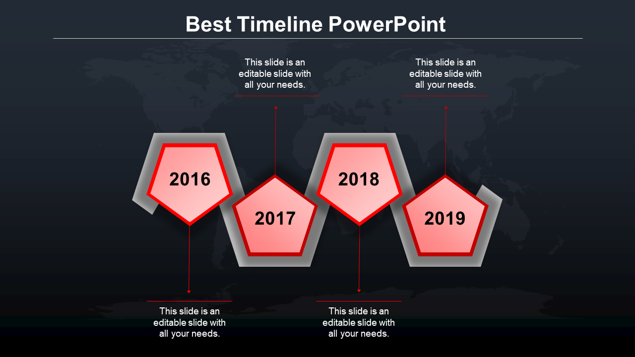 Four step red and gray timeline with pentagonal milestones, showing years 2016 to 2019 in a staggered layout.