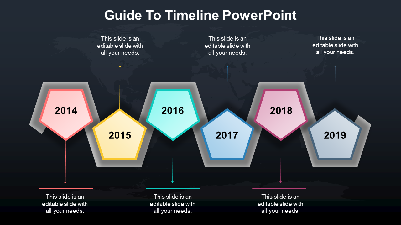Multicolored pentagon shaped timeline on a dark background, showing milestone years from 2014 to 2019 with gradient effects.