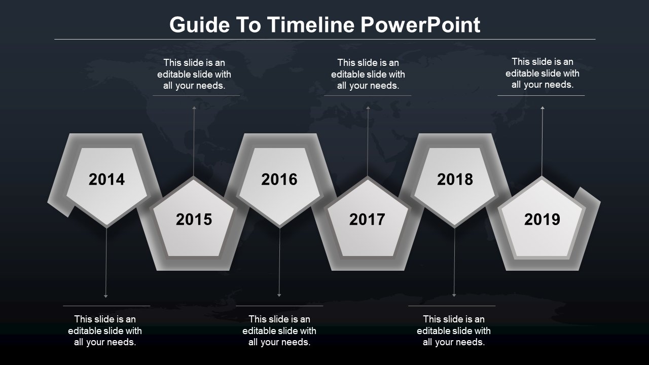 Dark themed timeline with six gray pentagons, milestone years, and connecting lines on a world map background.