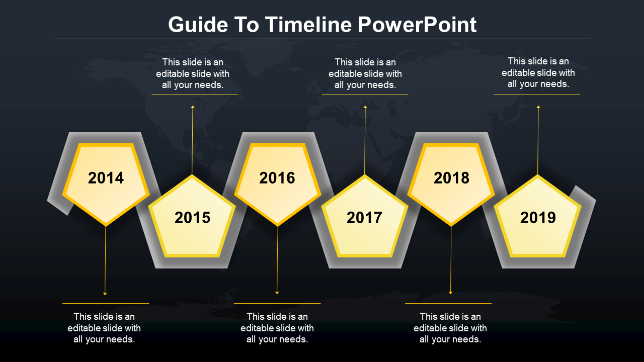 Timeline PowerPoint template with yellow pentagon shaped markers for the years 2014 to 2019, each with captions.