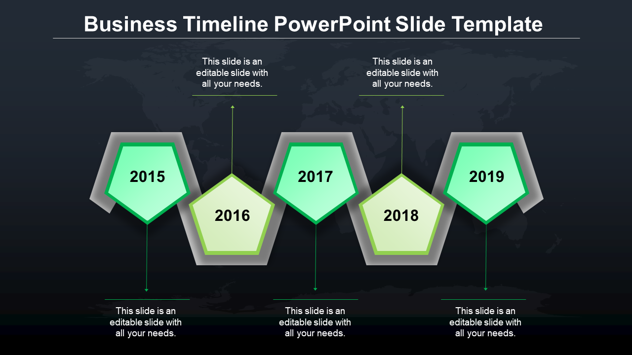Business timeline PowerPoint template with green hexagonal year markers from 2015 to 2019, each containing a caption.