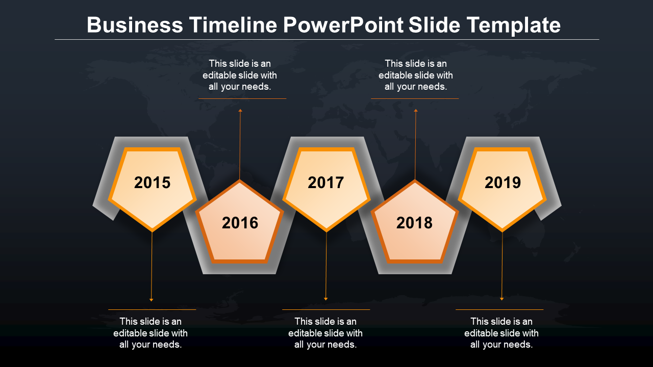 Business timeline with five orange pentagons, featuring milestone years and connecting lines on a dark world map background.