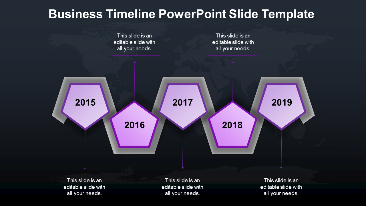 Business timeline PowerPoint template with purple hexagonal year markers from 2015 to 2019, each containing a caption.