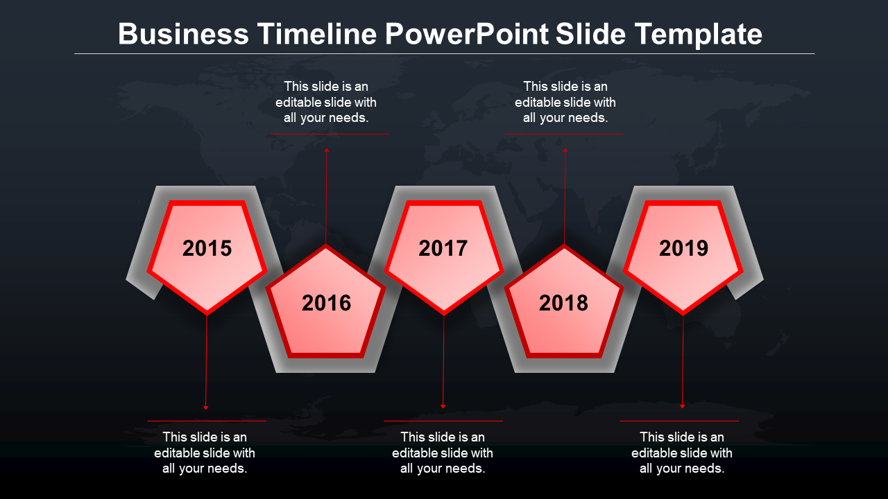 Timeline with pentagon shaped markers, in red gradient highlights and milestone years from 2015 to 2019.