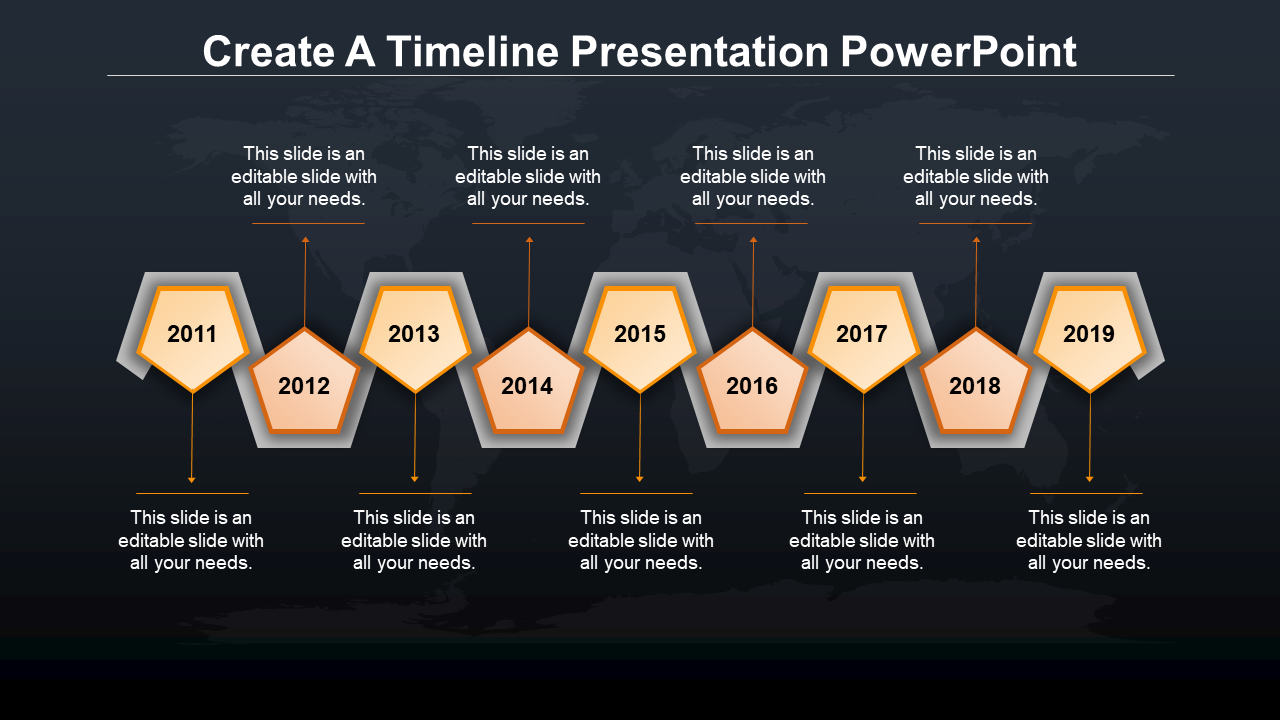 Gradient yellow pentagonal milestones arranged in an alternating pattern, representing timeline events from 2011 to 2019.