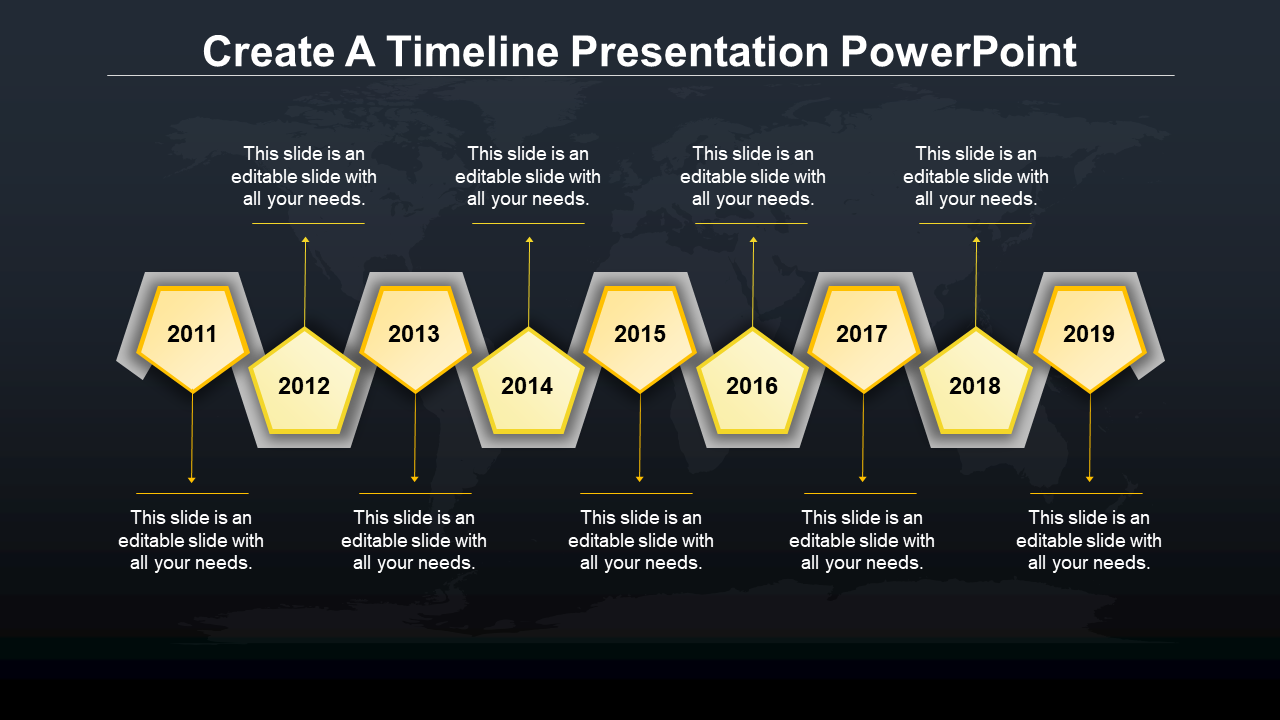 Modern red and gray pentagon timeline chart, marking key years from 2011 to 2019 with a dark world map backdrop.