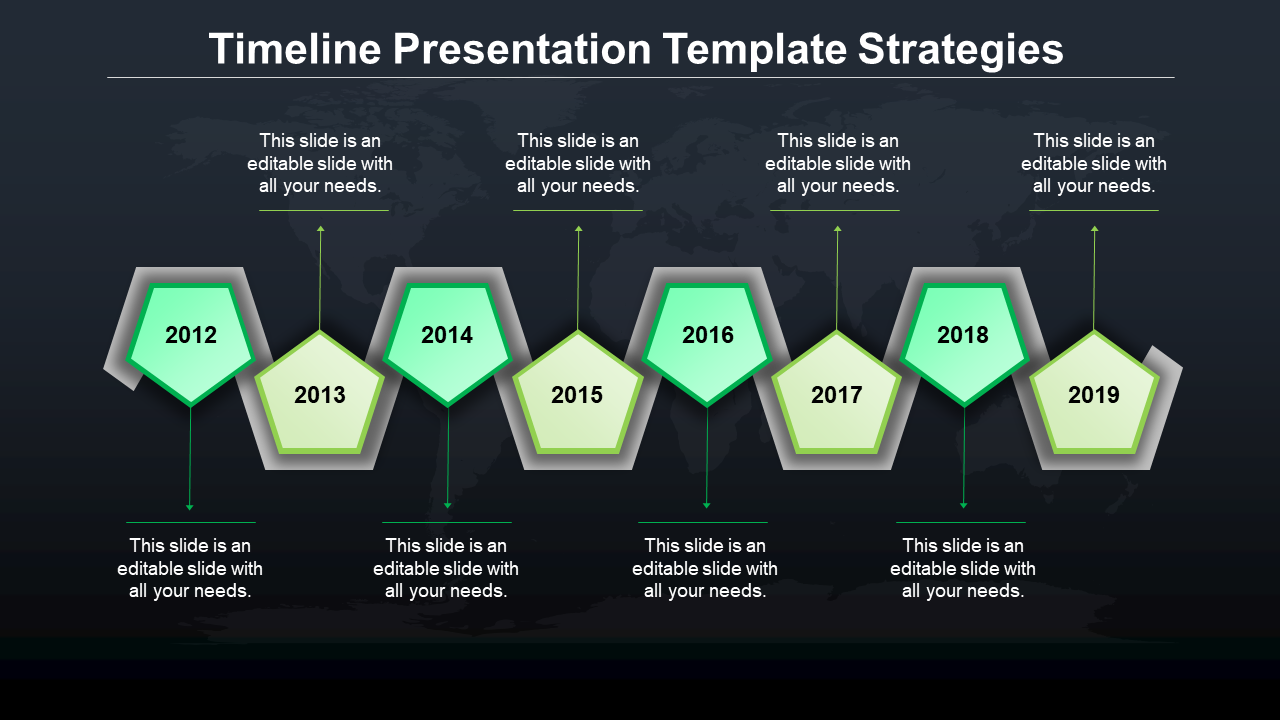 Modern timeline infographic featuring orange and gray pentagon markers for years 2011-2019, arranged in a structured flow.