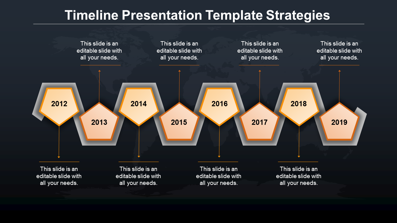 Black and white timeline infographic featuring map pin icons with business-related symbols, arranged from 2014 to 2019.