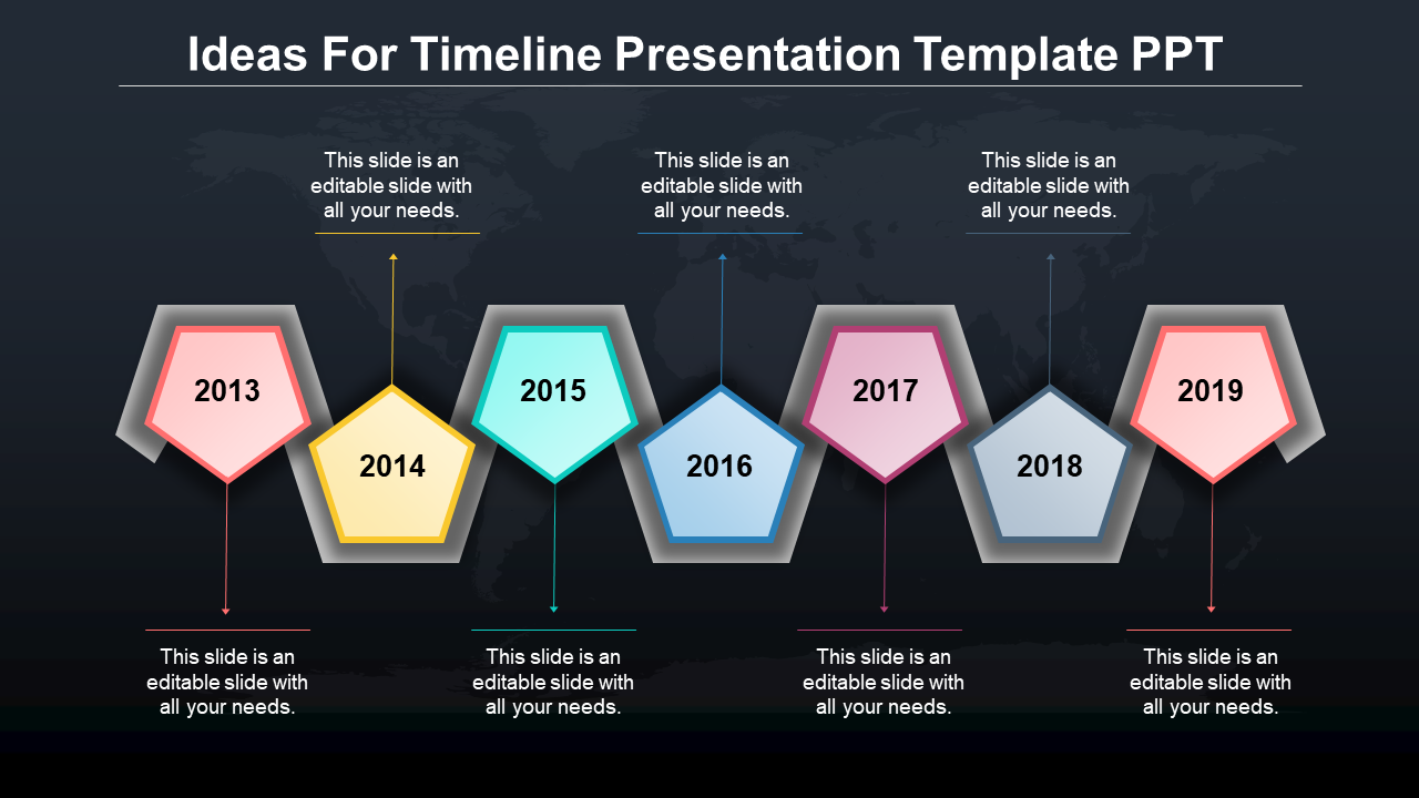 Timeline PPT slide with colorful pentagon shaped markers for the years 2013 to 2019, each with a caption on a dark theme.