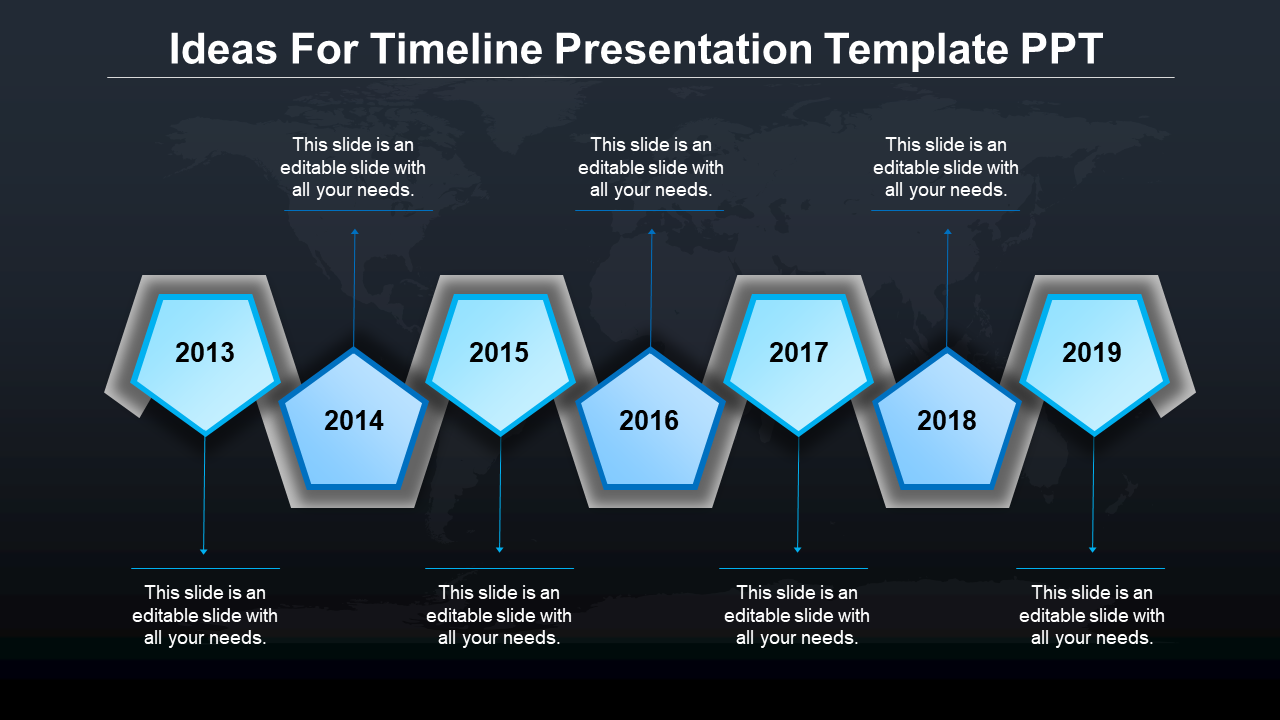 Timeline PowerPoint slide with blue hexagonal year markers from 2013 to 2019, each with a caption on a dark theme.