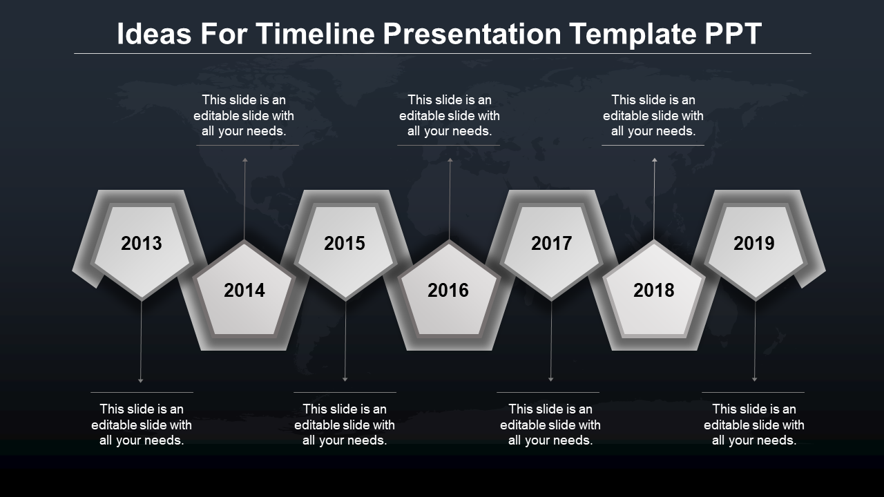 Timeline PowerPoint slide with grey hexagonal year markers from 2013 to 2019, each with a caption on a dark theme.