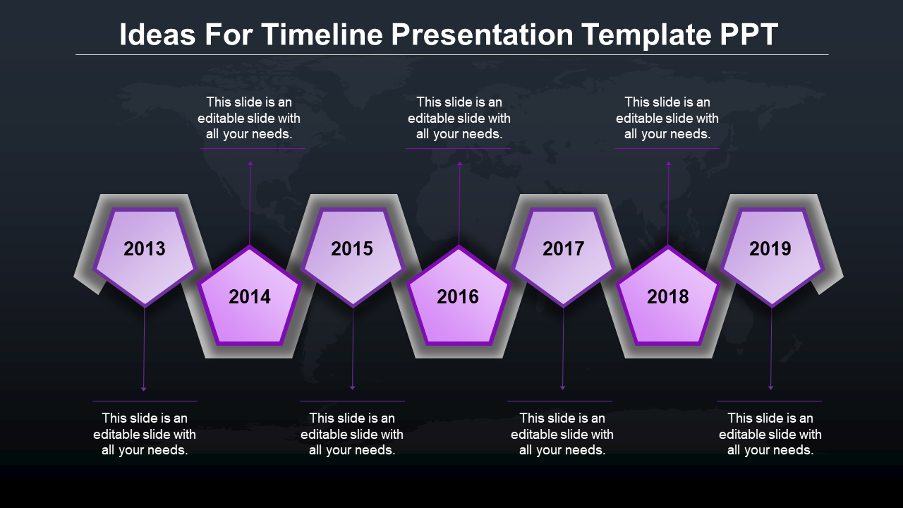 Timeline with seven purple pentagons, featuring year markers and text descriptions on a dark background.