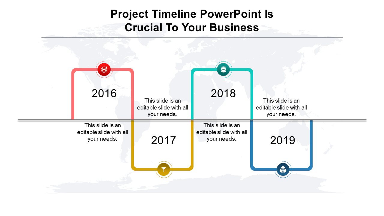 Timeline slide with years 2016 to 2019, each represented by different colored boxes and corresponding icons with text.