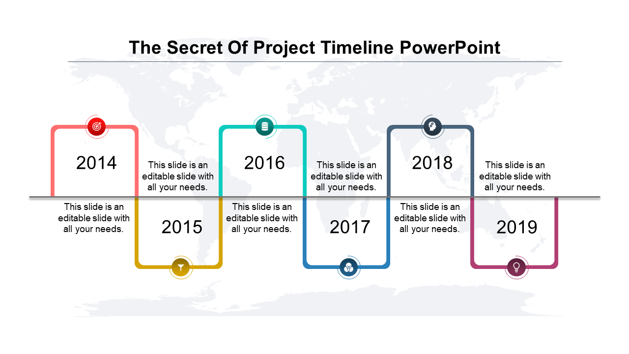 Six step timeline with multicolored curved paths marking years 2014-2019, connected to icons and placeholders.
