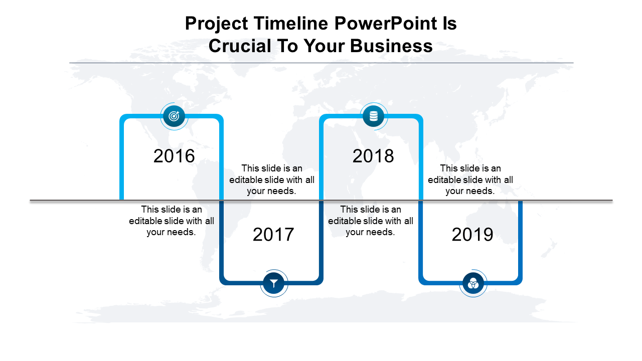 Project timeline PPT slide with years 2016 to 2019, each year represented by blue rectangular markers with icons and text.