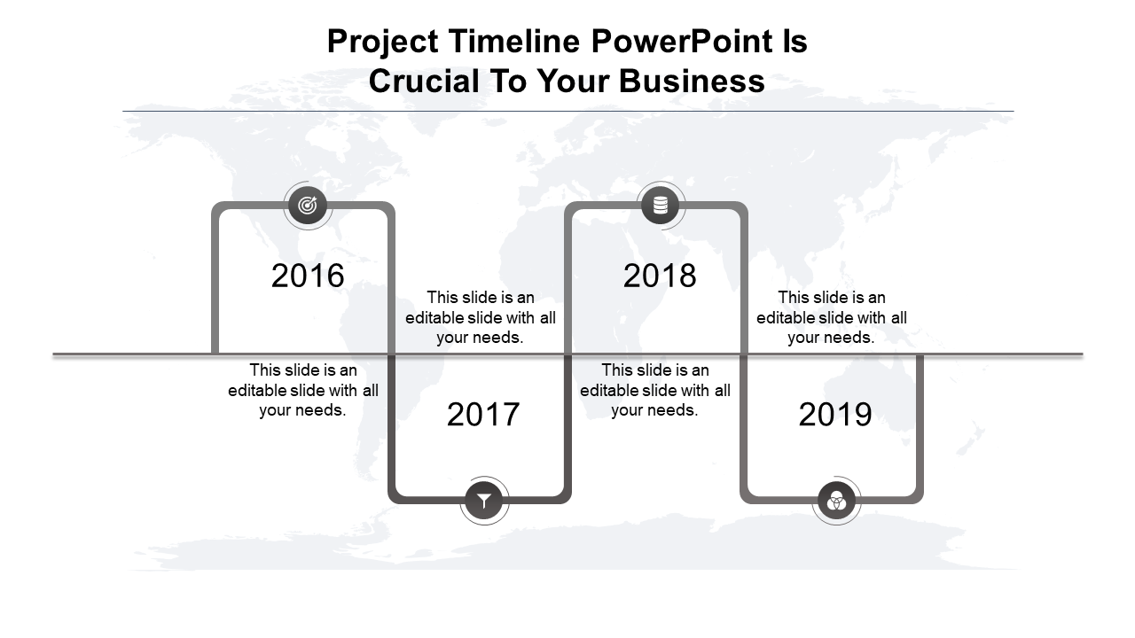 Business timeline with gray curved boxes marking milestones from 2016 to 2019, set on a world map background.