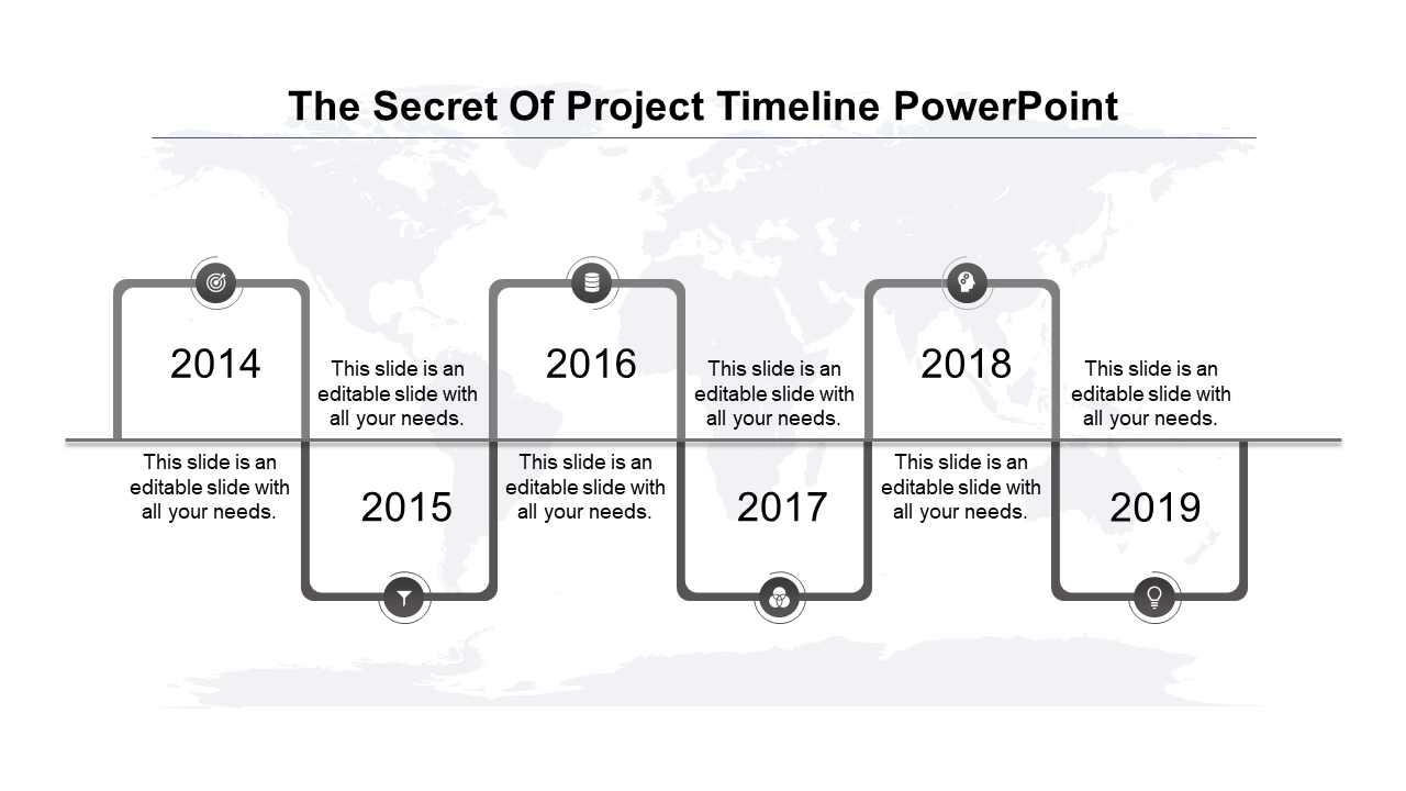 Six step gray timeline with rounded paths marking years 2014-2019, connected to icons and placeholders for descriptions.