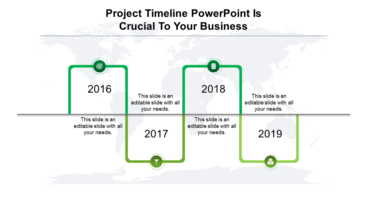 Timeline slide with green frames outlining major business events from 2016 to 2019, on a world map backdrop.