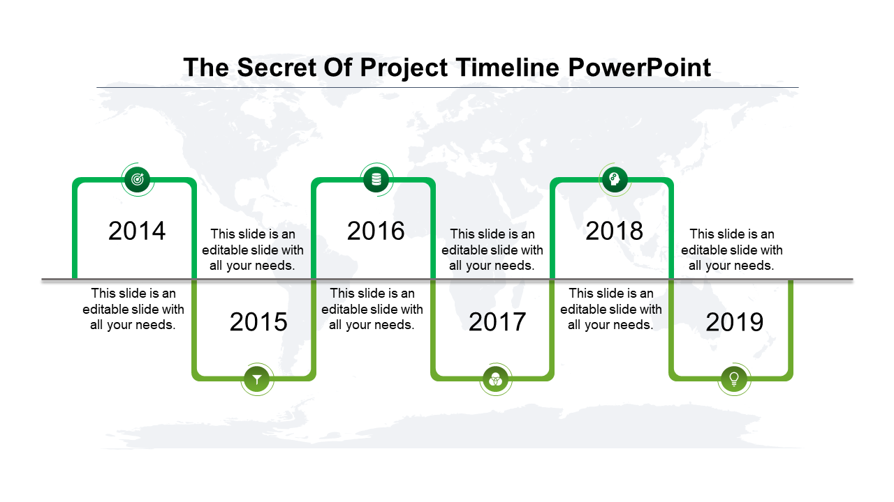 Project timeline PowerPoint slide with years 2014 to 2019, marked with green icons and connected by a horizontal gray line.