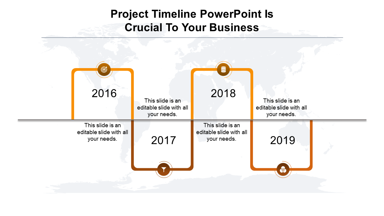 Project timeline PPT slide with years 2016 to 2019, each year marked by orange rectangular markers with icons.