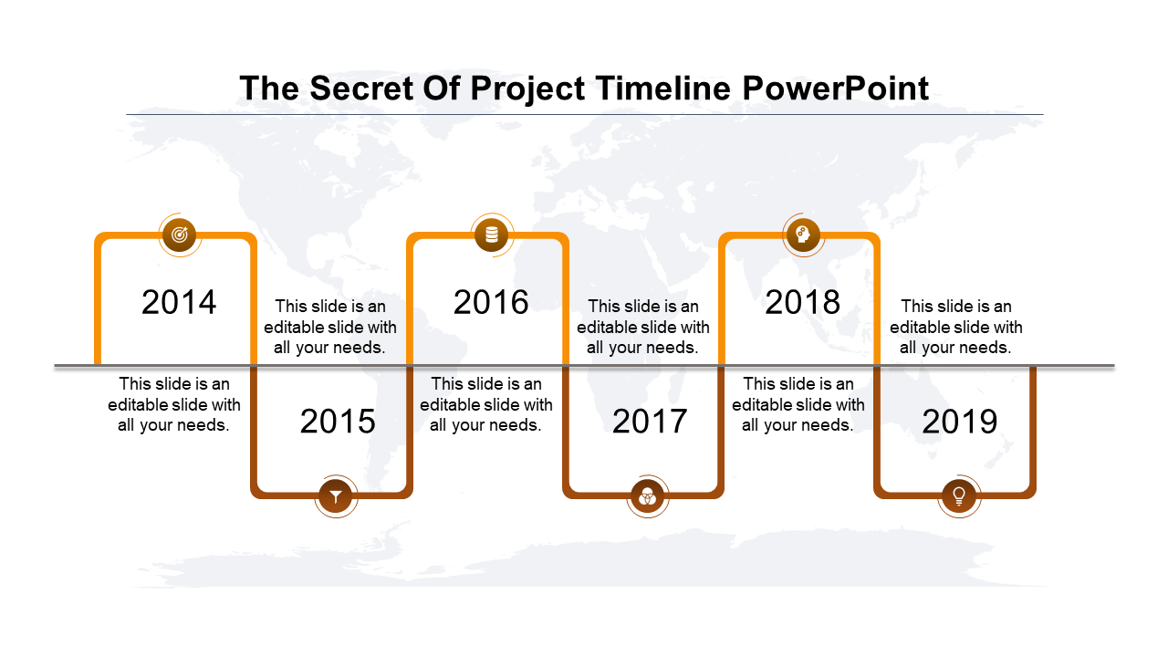 Project timeline slide with six orange bordered steps, featuring icons, on a horizontal line over a world map backdrop.
