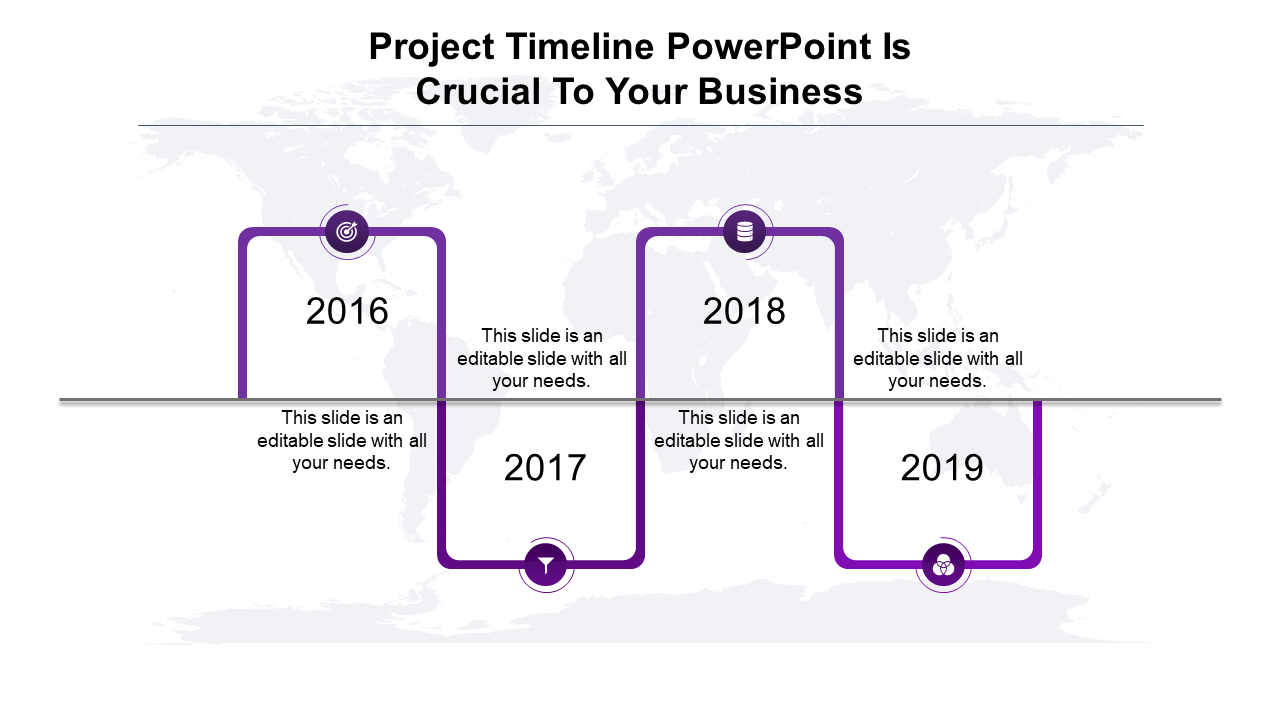 Infographic timeline with a purple path displaying years 2016-2019, featuring circular markers, icons, and text placeholders.