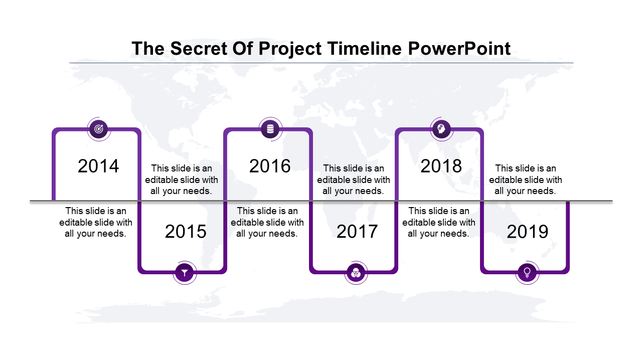 Project timeline PowerPoint slide with years 2014 to 2019, marked with purple icons and connected by a horizontal gray line.