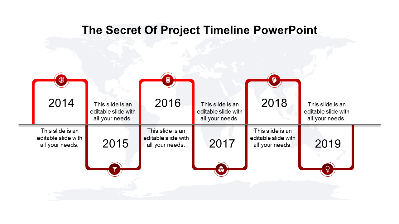 Project timeline with six red square frames, featuring milestone icons, on a gray horizontal line over a world map.