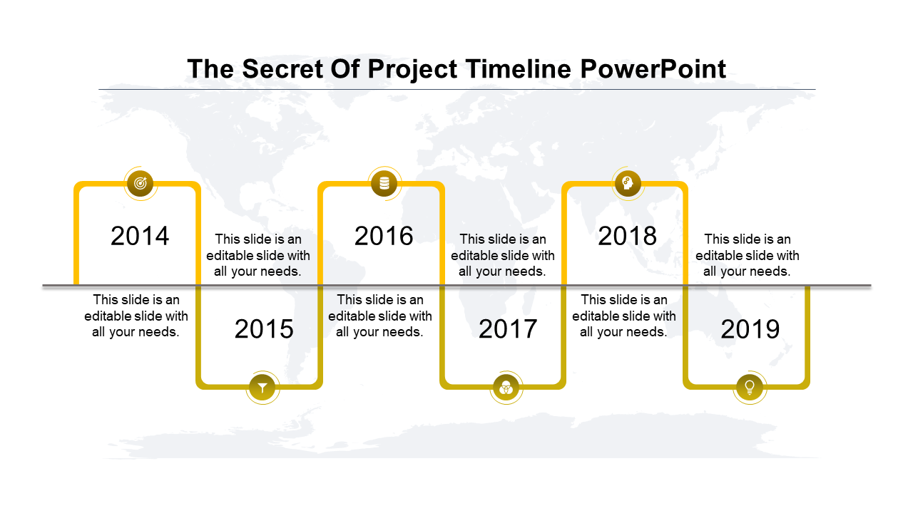 Six step project timeline with yellow curved boxes, icons, and years placed above and below a horizontal line.
