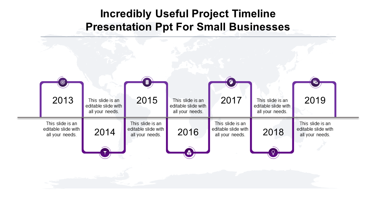Seven step purple timeline with rounded paths marking years 2013-2019, connected to icons and placeholder text areas.