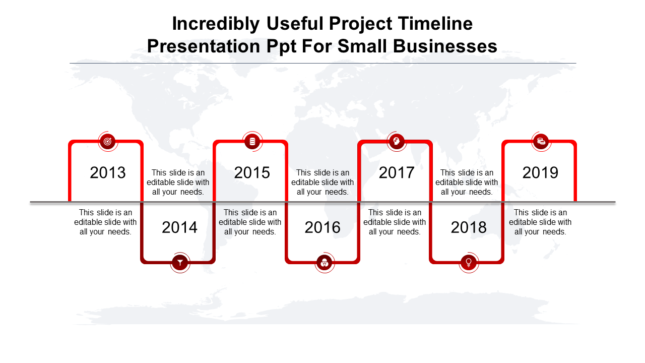 Project timeline with red curved paths marking years 2013-2019, each linked to icons and placeholder text areas.