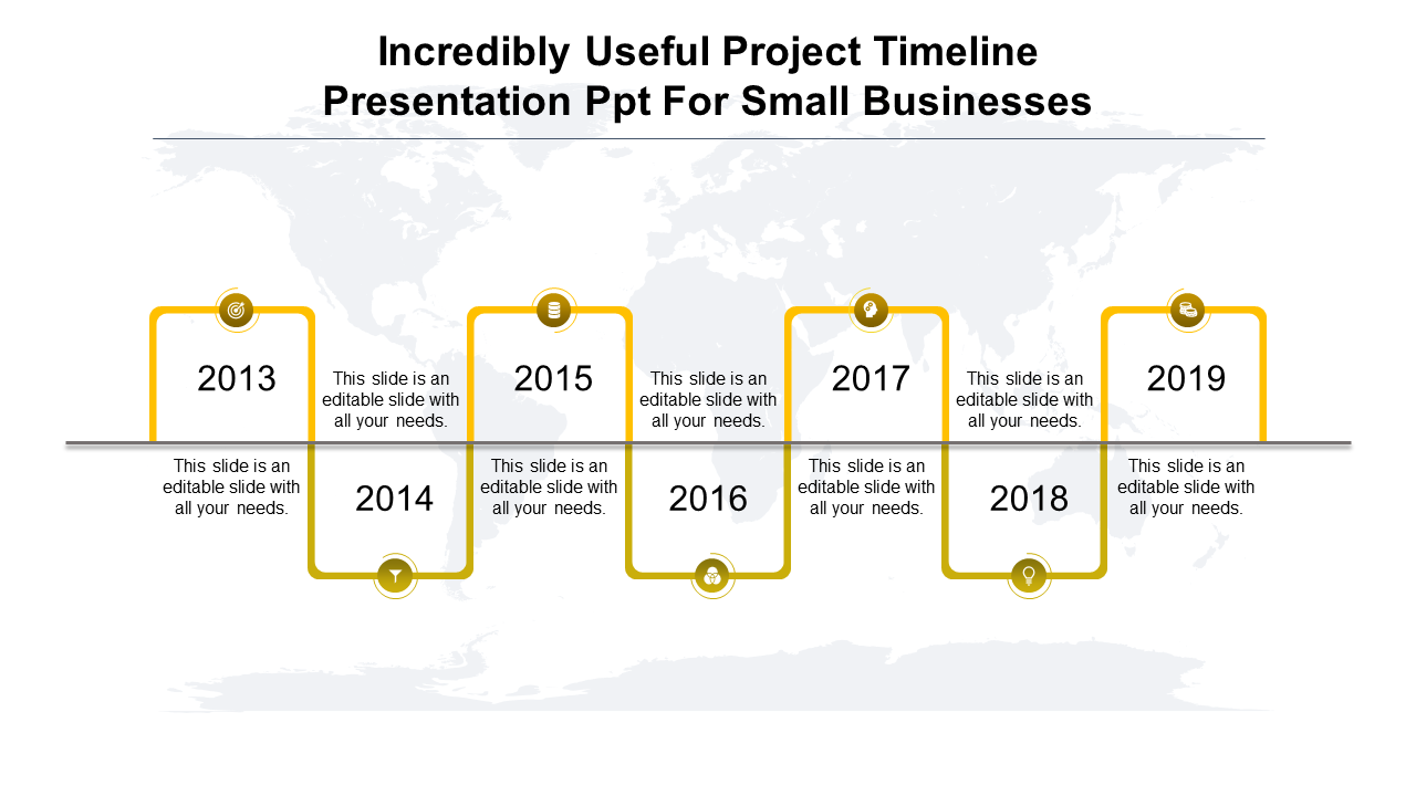 Project timeline PowerPoint slide with years 2013 to 2019, each marked with yellow colored icons with placeholder text.