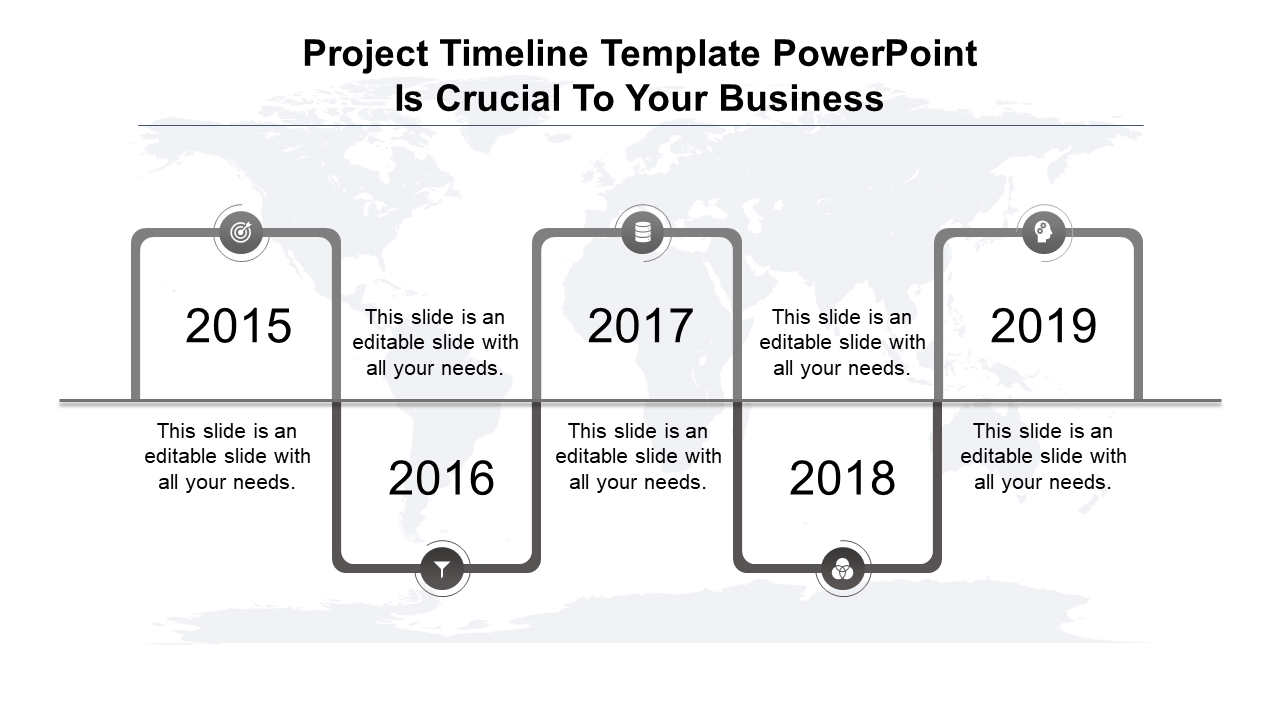 Gray bordered timeline from 2015 to 2019 with steps, circular markers, and placeholders above and below a central line.