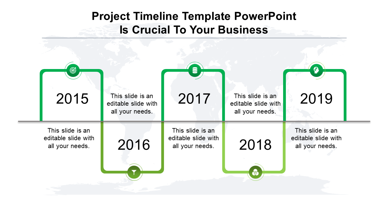 PowerPoint timeline template with years 2015 to 2019, featuring green and circular icons for each year with labels.