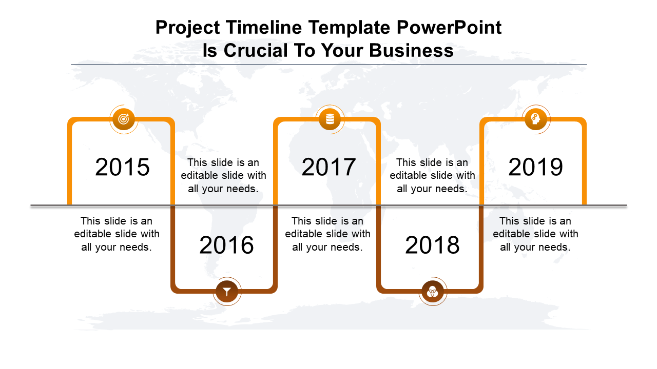 Timeline slide with five curved orange frames and icons, displaying milestones from 2015 to 2019 over a world map.