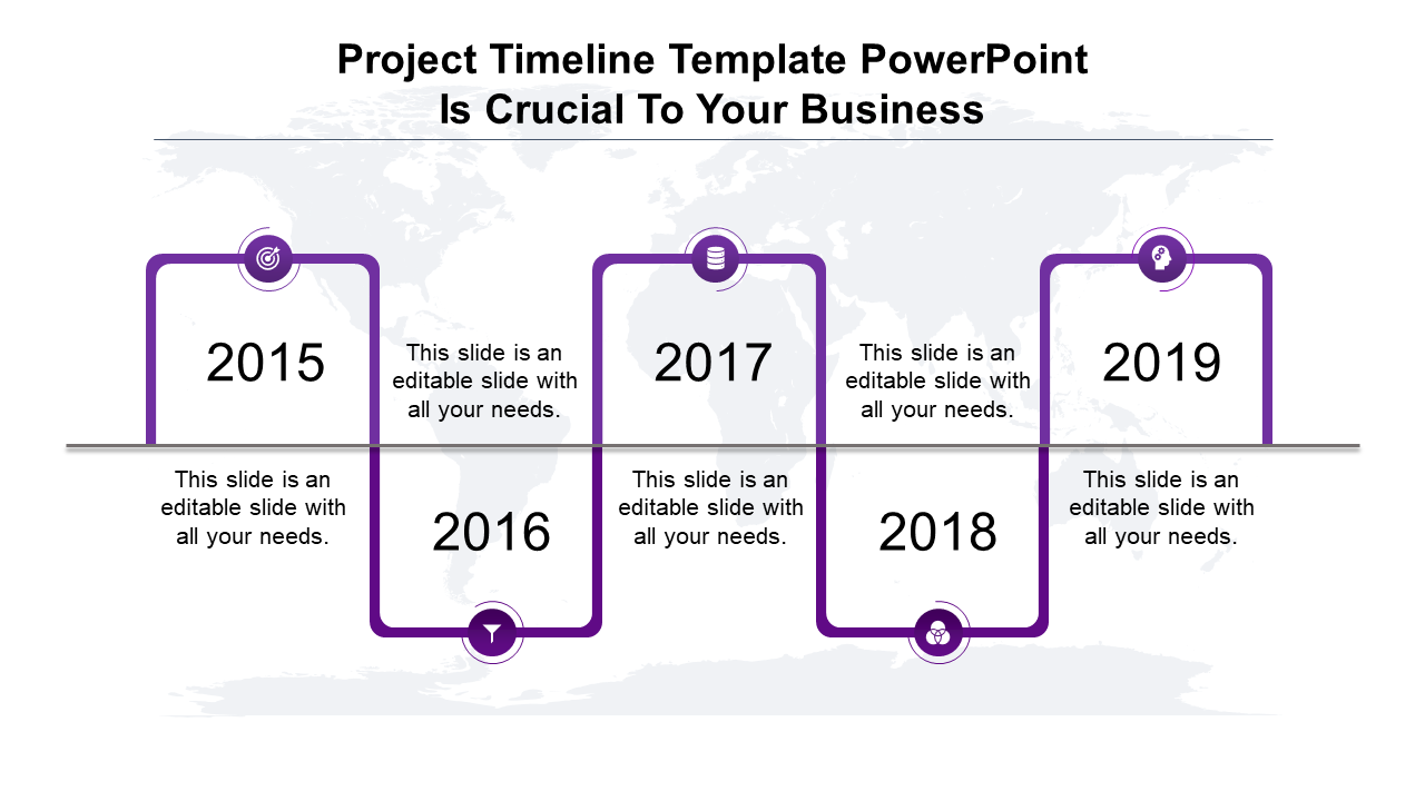 PowerPoint timeline template with years 2015 to 2019, featuring purple circular icons for each year with labels.