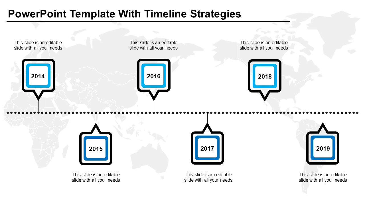 Timeline PPT slide showing years from 2014 to 2019, each with blue color boxes and a dotted connecting line.