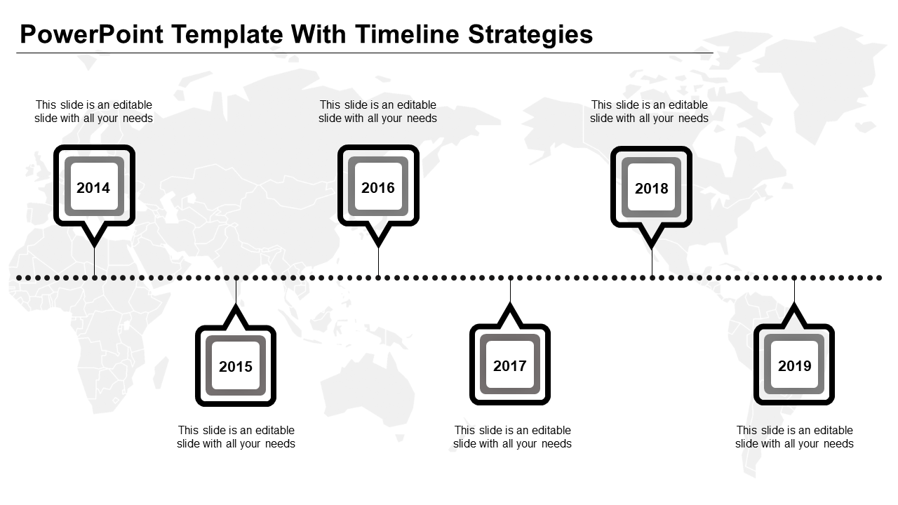 Timeline PPT slide showing years from 2014 to 2019, each with grey color boxes and a dotted connecting line.