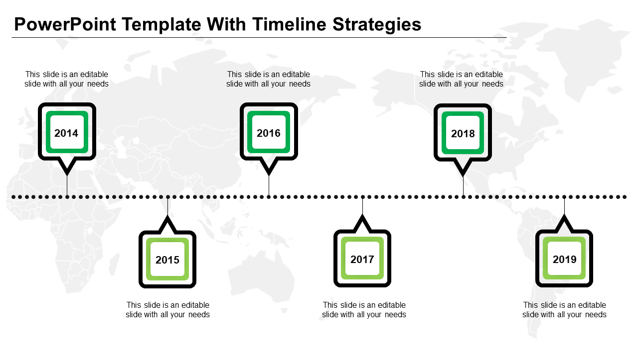 Timeline template featuring six green and black square labels, evenly placed along a horizontal dotted path.
