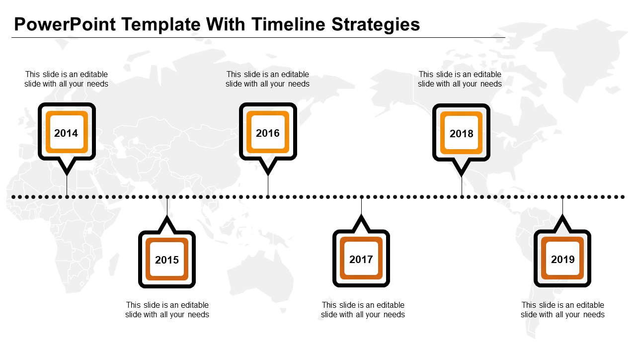 Business timeline featuring alternating square milestones from 2014-2019, all bordered in orange placed in white background.