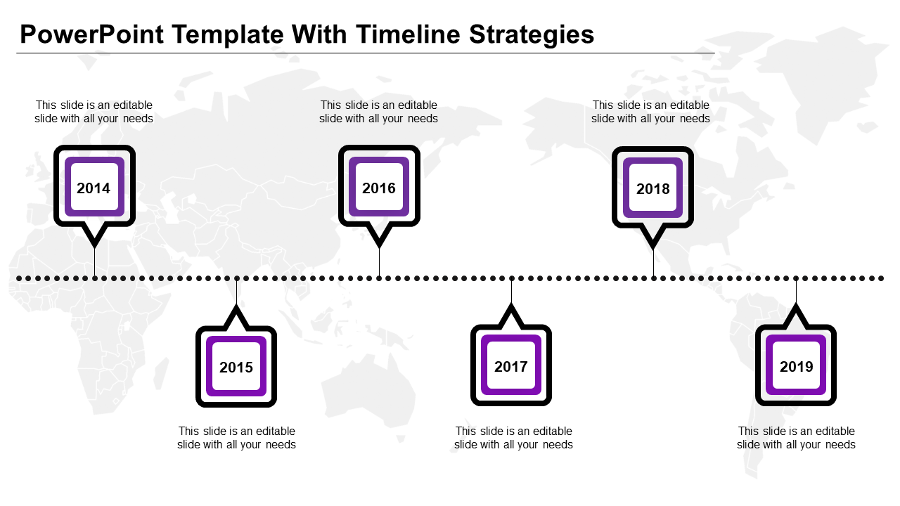 Slide with six purple bordered square markers for years 2014 to 2019, connected by a dotted horizontal line on a world map.