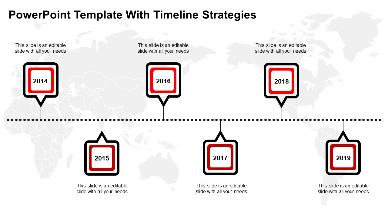 Horizontal timeline with alternating square milestones from 2014-2019, all outlined in red and black.