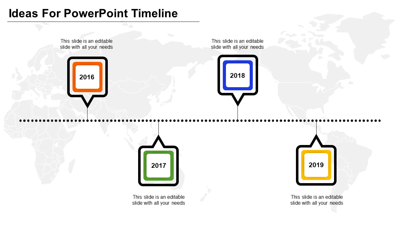 Business timeline featuring alternating square milestones from 2016-2019, each bordered in a different color.
