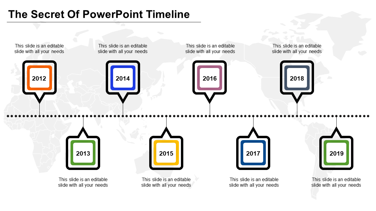 Timeline slide with eight colorful square markers for 2012 to 2019, linked by a dotted line on a world map background.