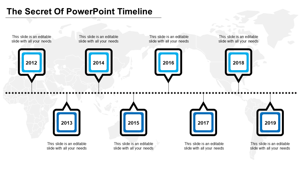 Timeline slide showing key years from 2012 to 2019 on a dotted line, with square markers for each year and caption areas.
