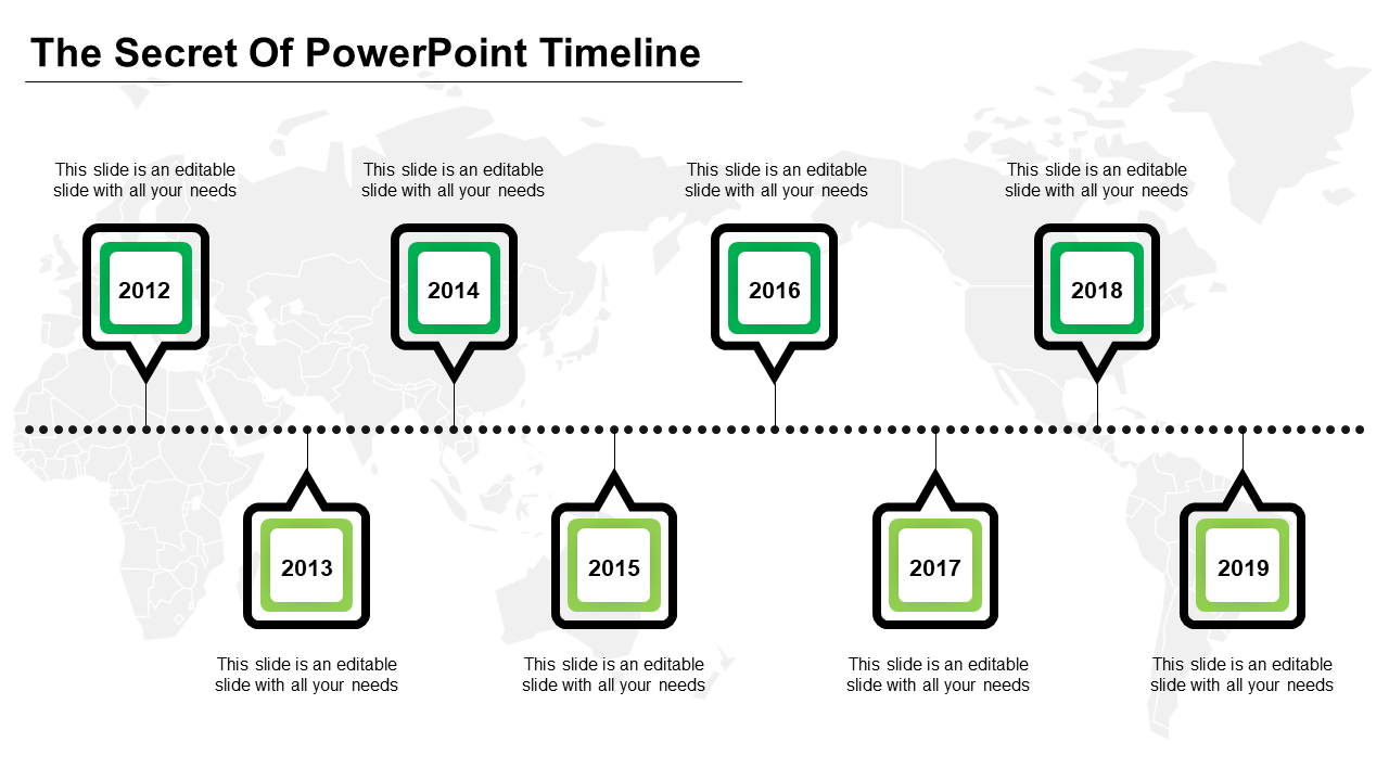 Timeline infographic with square markers for years 2012-2019, outlined in black and green in a dotted path.