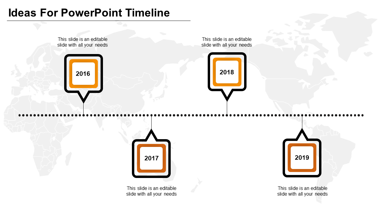Horizontal timeline with alternating square milestones from 2016-2019, all outlined in orange and black with caption areas.