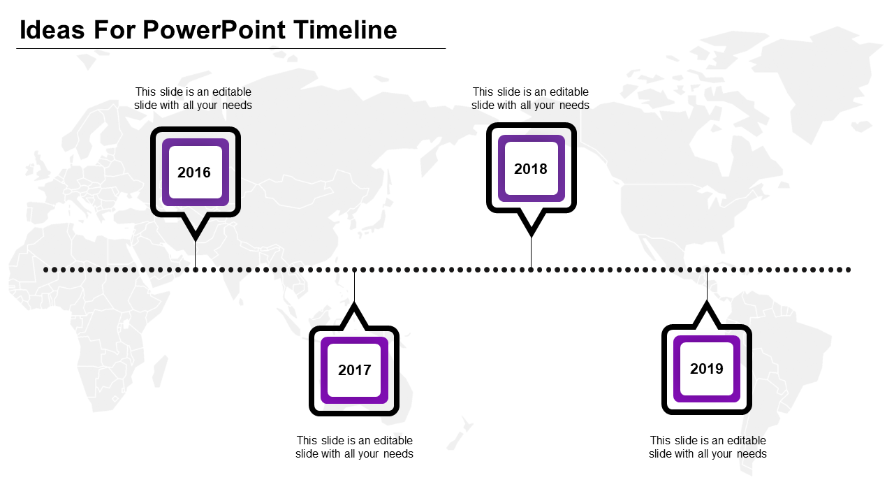 Timeline slide with four purple bordered square markers for years 2016 to 2019, connected by a dotted line on a world map.