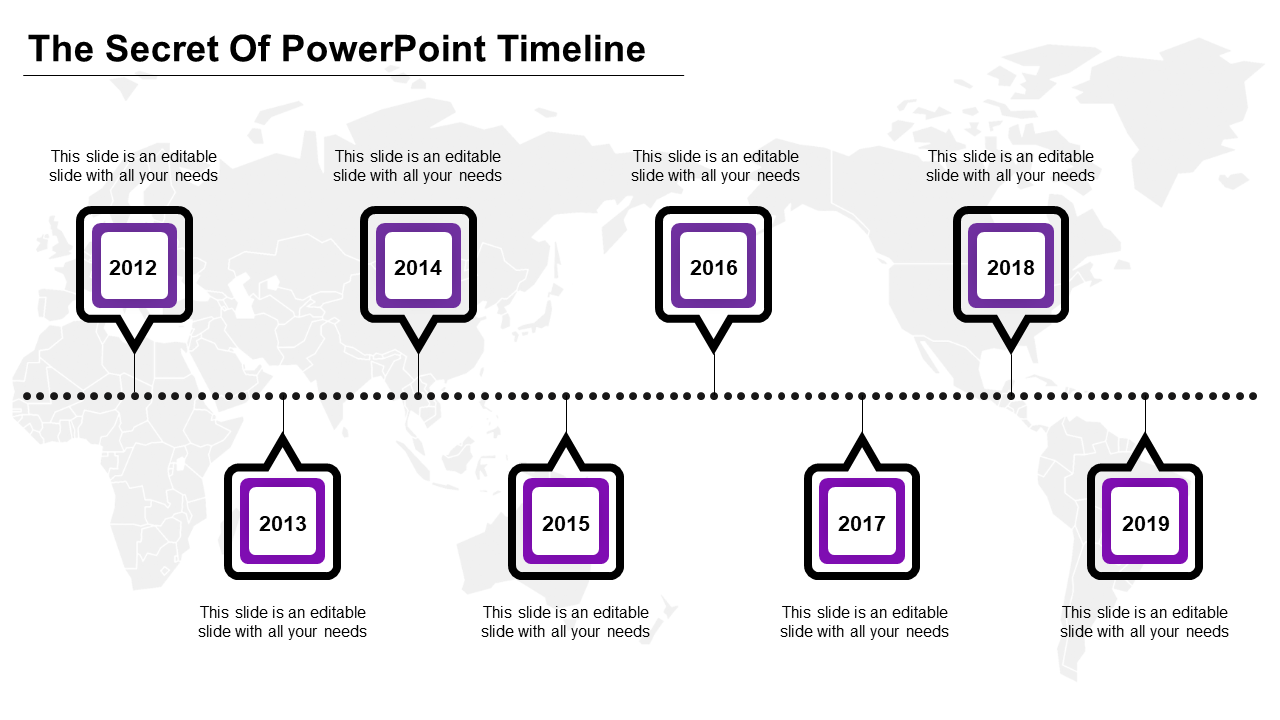 Timeline slide with year labels from 2012 to 2019, marked by purple bordered boxes connected by dotted lines on a world map.